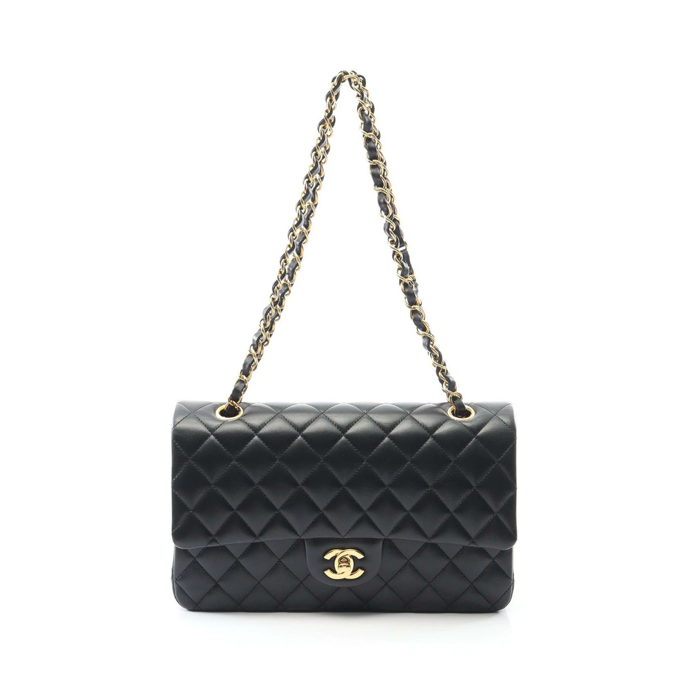 Chanel Matelasse Double Flap Shoulder Bag Lambskin Sheepskin Black